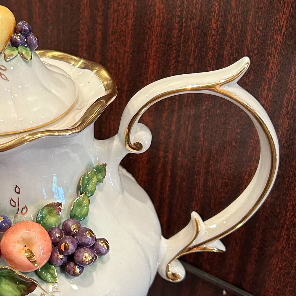 Vintage 3D Fruit Teapot Philippines Ceramic Relief Gold Tone Trim 7" High w/Lid - Picture 5 of 16